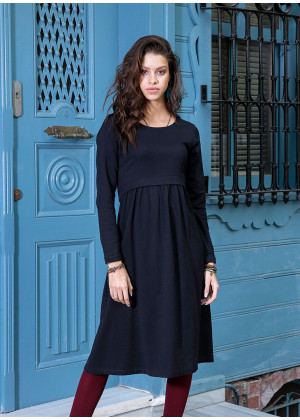 Long Sleeve Boat Neckline Mid Lenght Wholesale Black Dress