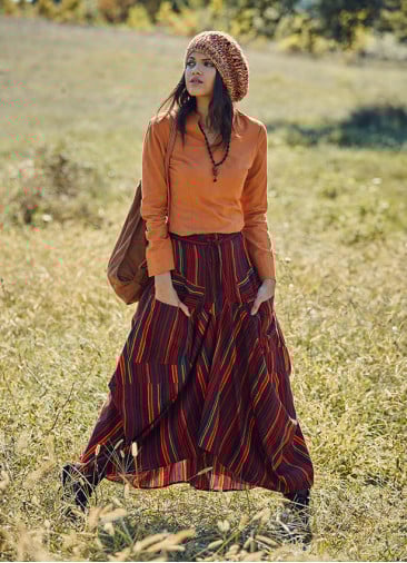 Elastic Waist Oversize Pocket Detail Striped Long Cotton Skirt
