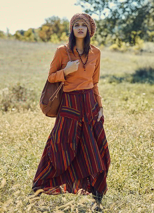 Elastic Waist Oversize Pocket Detail Striped Long Cotton Skirt