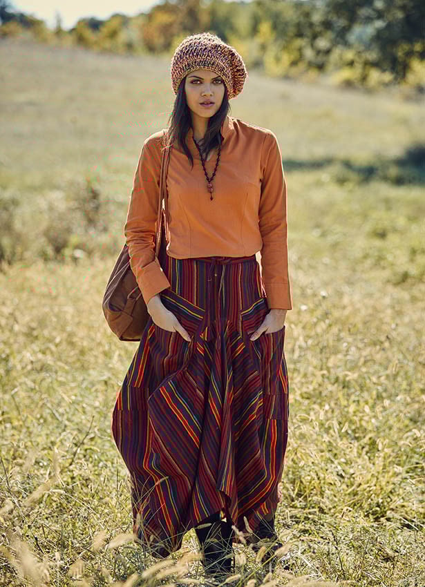 Elastic Waist Oversize Pocket Detail Striped Long Cotton Skirt