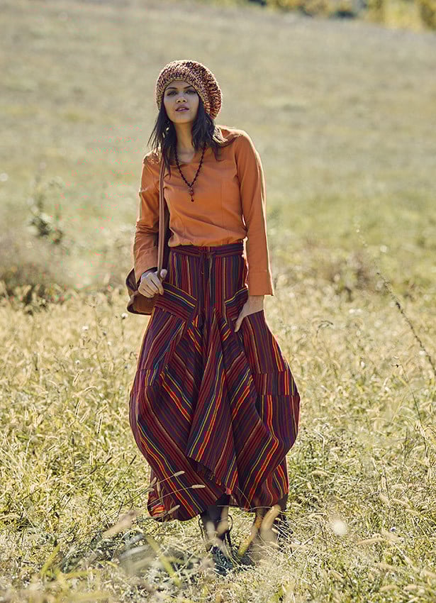 Elastic Waist Oversize Pocket Detail Striped Long Cotton Skirt