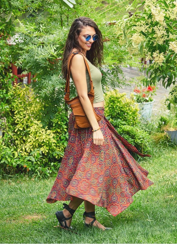 Retro Print Tie Waist Flowy Midi Skirt | Wholesale Boho Clothing