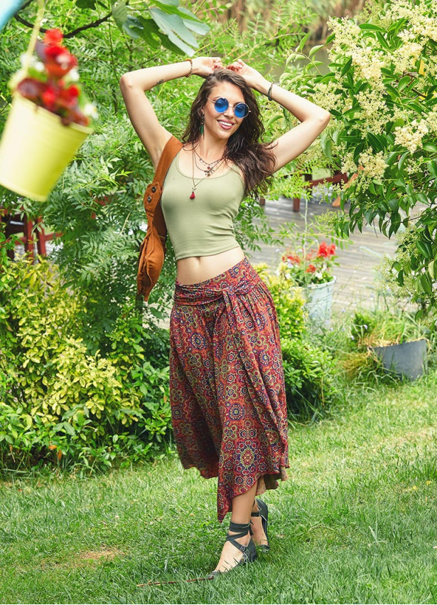 Retro Print Asymmetrical Hem Bohemian Wholesale Flowy Midi Skirt