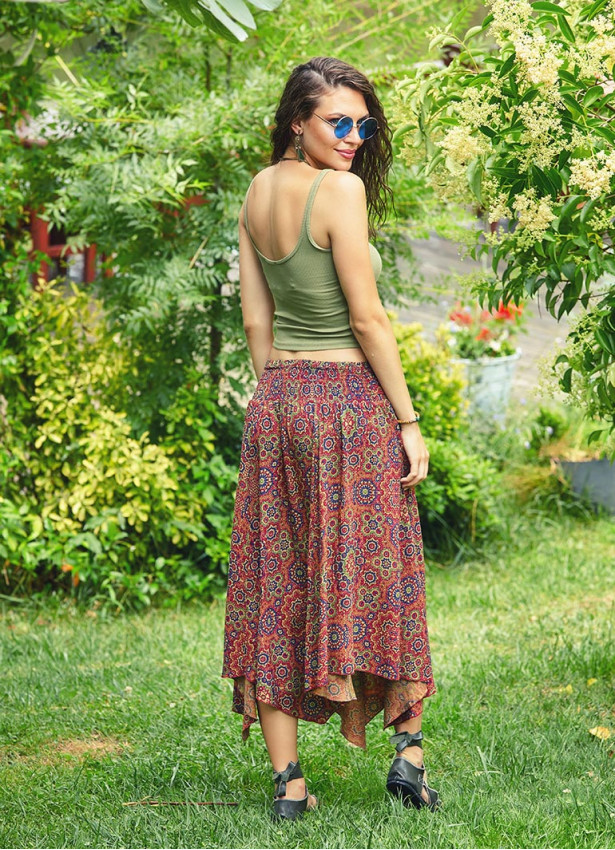 Retro Print Asymmetrical Hem Bohemian Wholesale Flowy Midi Skirt