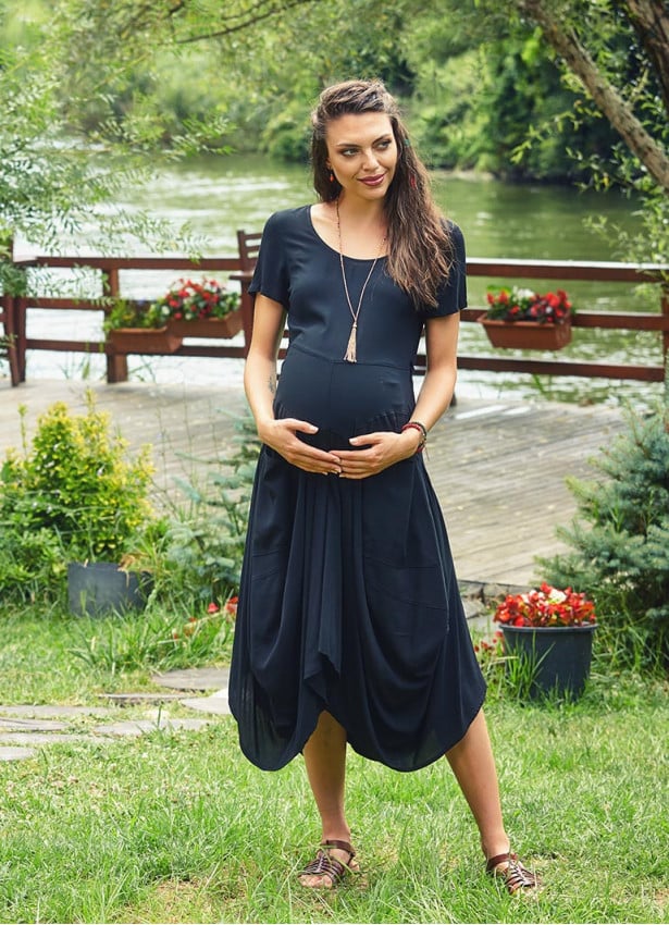 Half Sleeve Round Neck Black Long Bohemian Maternity Dress