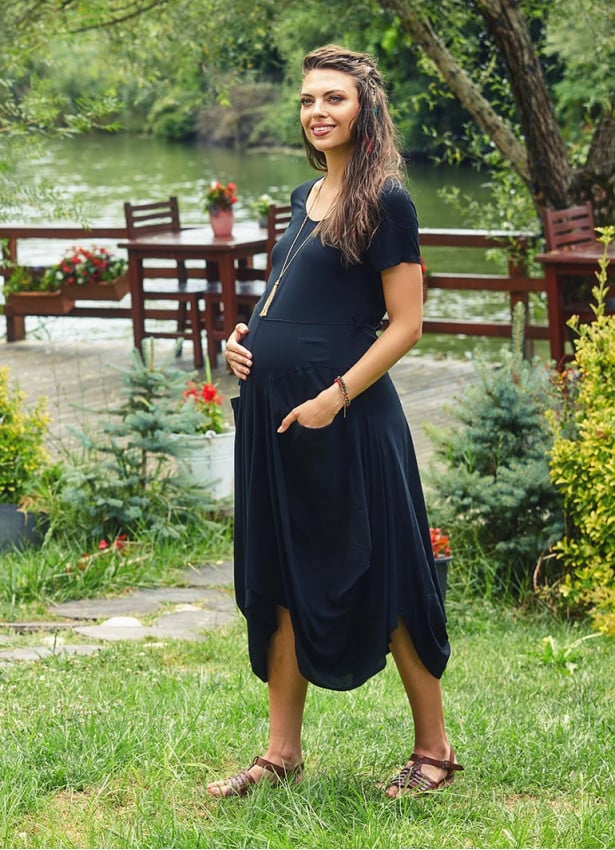 Half Sleeve Round Neck Black Long Bohemian Maternity Dress