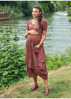 Retro Print Half Sleeve Round Neck Long Bohemian Maternity Dress