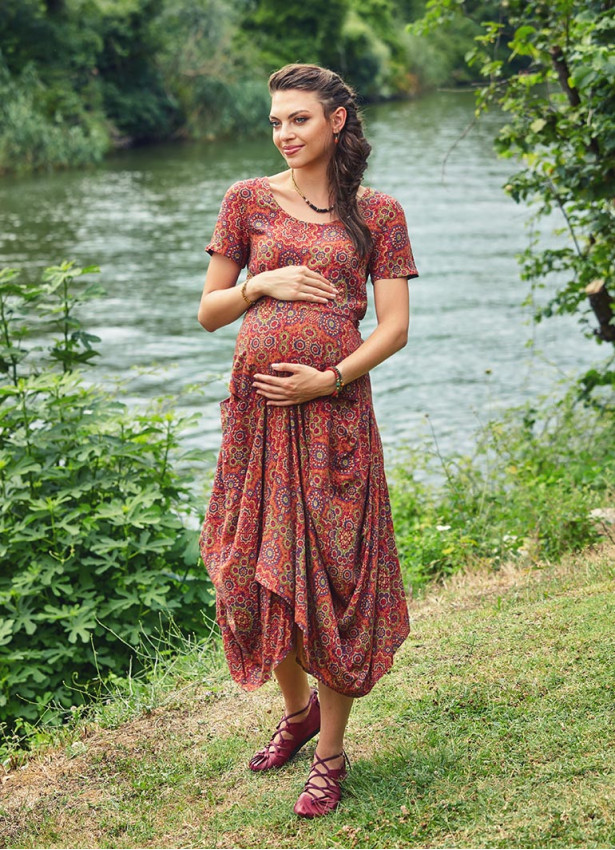 Retro Print Half Sleeve Round Neck Long Bohemian Maternity Dress