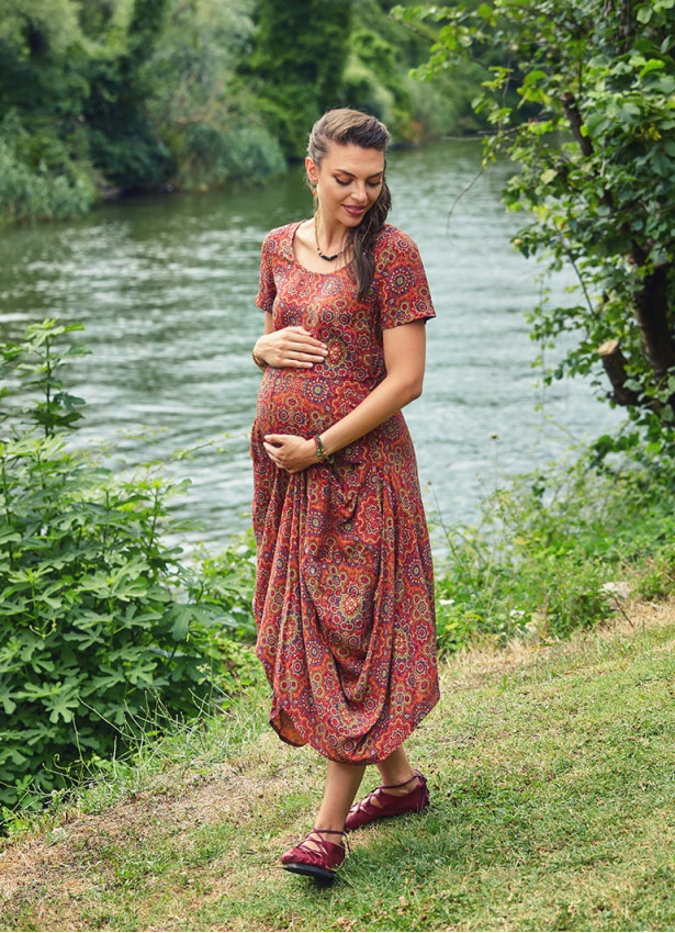 Retro Print Half Sleeve Round Neck Long Bohemian Maternity Dress