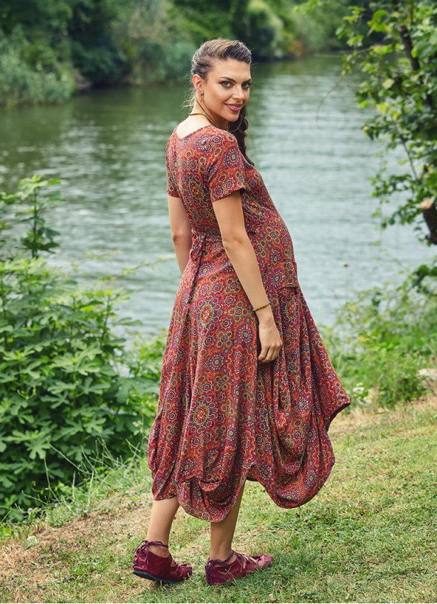 Retro Print Half Sleeve Round Neck Long Bohemian Maternity Dress