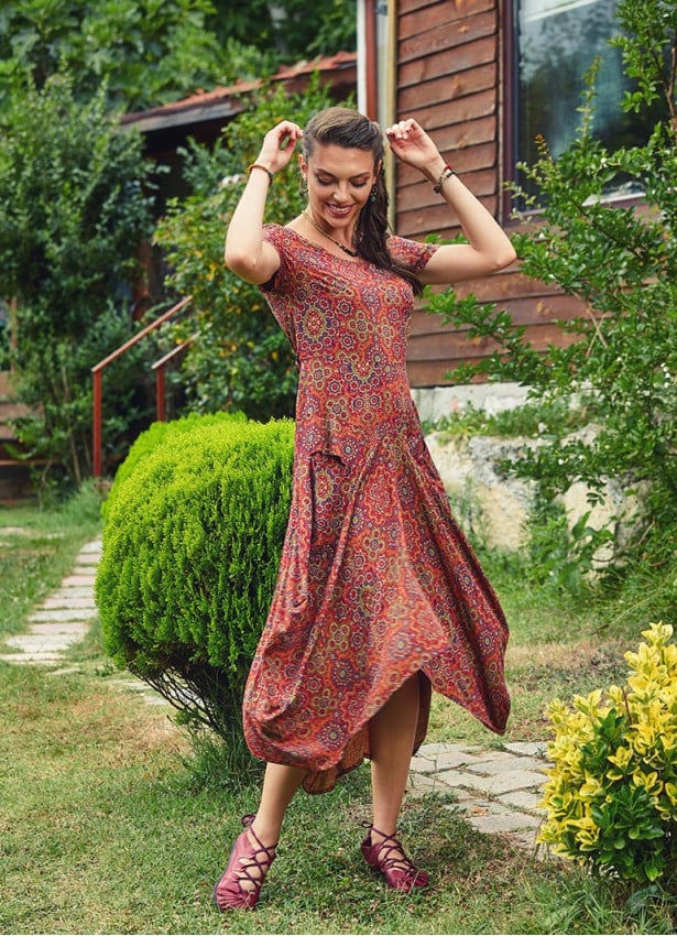 Ethnic Print Round Neck Half Sleeve Long Dress