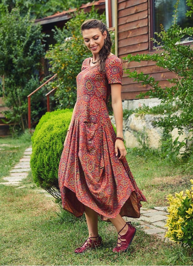 Ethnic Print Round Neck Half Sleeve Long Dress