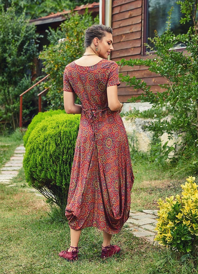 Los Banditos Ethnic Print Round Neck Half Sleeve Long Dress