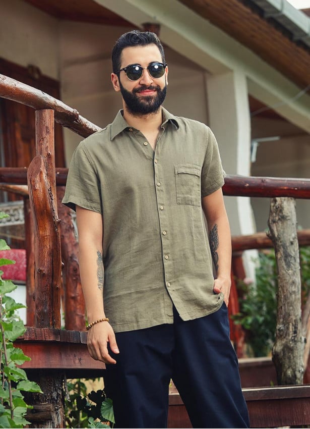 Bohemian Style Button Down Cotton Half Sleeve Mens Pocket Shirt
