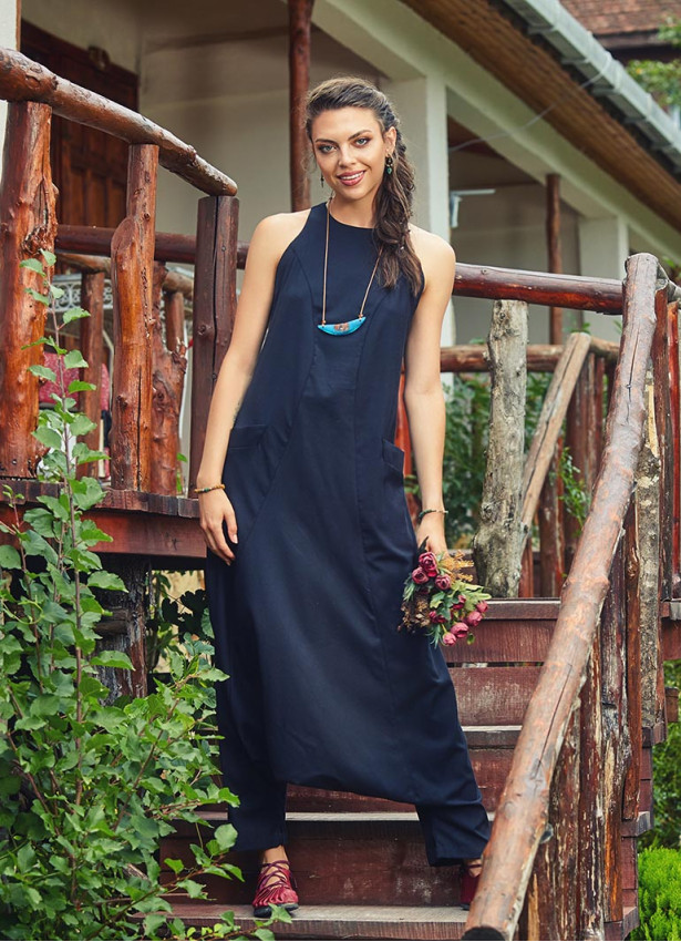 Halter Neck Zipper Back Closure Wholesale Black Harem Jumpsuit
