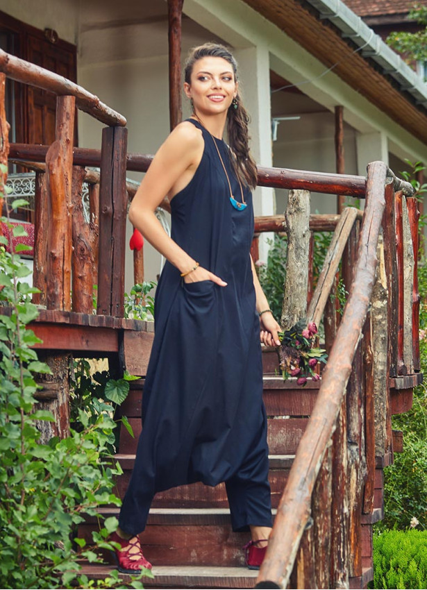 Halter Neck Zipper Back Closure Wholesale Black Harem Jumpsuit