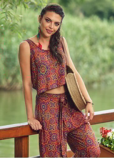 Retro Print Sleeveless Adjustable Tie Waist Wrap Boho Jumpsuit