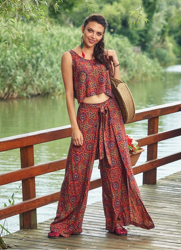 Retro Print Sleeveless Adjustable Tie Waist Wrap Boho Jumpsuit