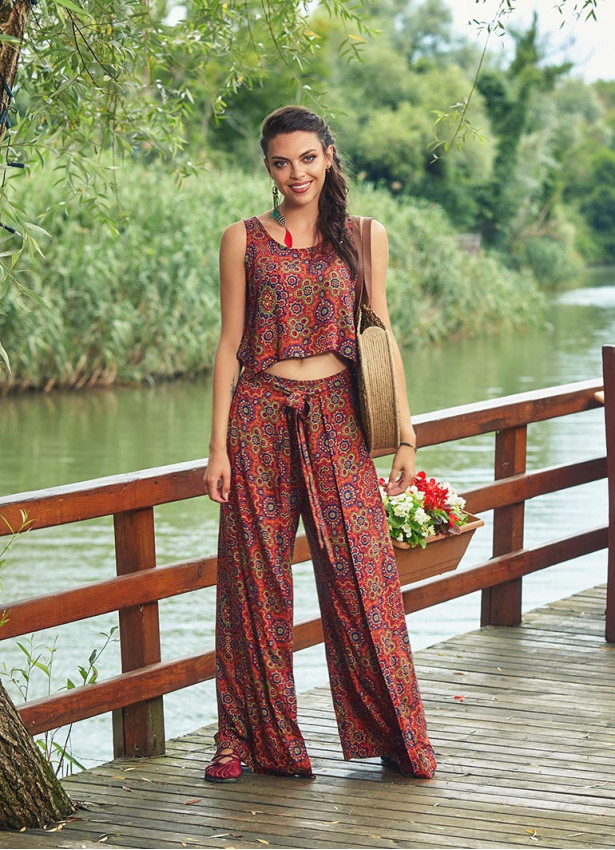 Retro Print Sleeveless Adjustable Tie Waist Wrap Boho Jumpsuit