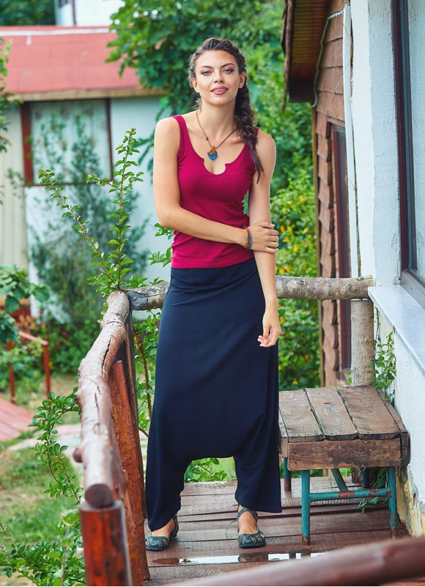 Side Zipper Closure Flat Waist Boho Wholesale Black Harem Pants