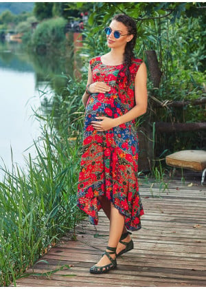 Floral Print Boat Neck Pocket Detail Bohemian Maternity Dress