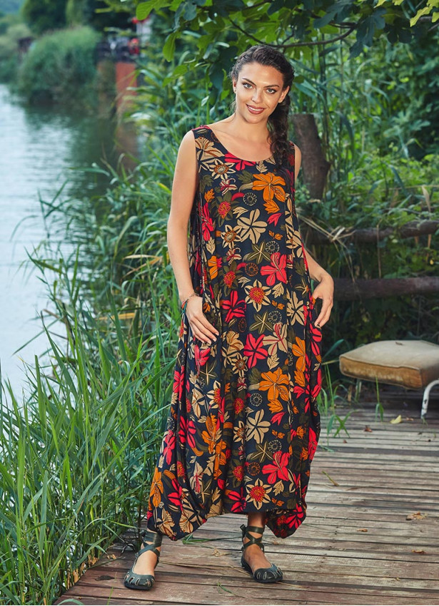 Sleeveless Scoop Neck Wholesale Bohemian Floral Loose Fit Dress