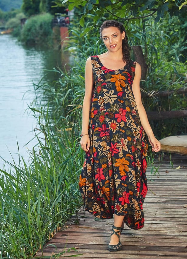 Sleeveless Scoop Neck Wholesale Bohemian Floral Loose Fit Dress