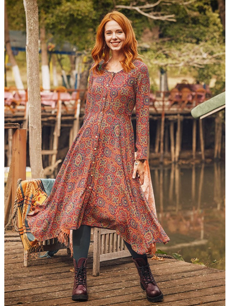 navy blue dress for baby girl Retro Print Wholesale Long Sleeve Dress