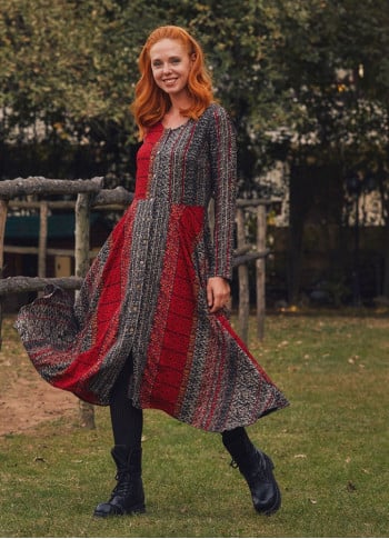 Red Ethnic Print Asymmetrical Hem Detail Bohemian Chic Long Sleeve Dress
