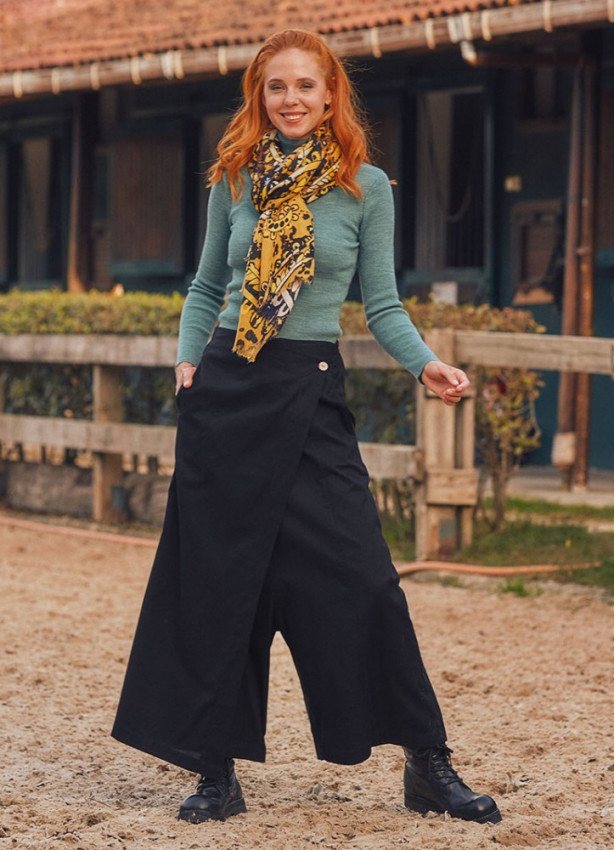 Elastic Waistband Side Pockets Black Culottes