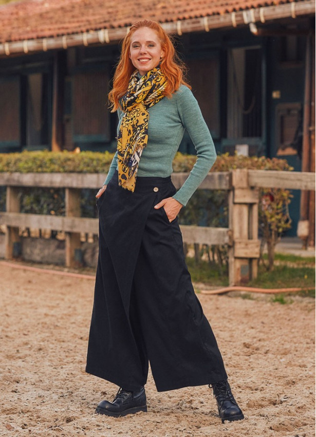 Elastic Waistband Side Pockets Black Culottes