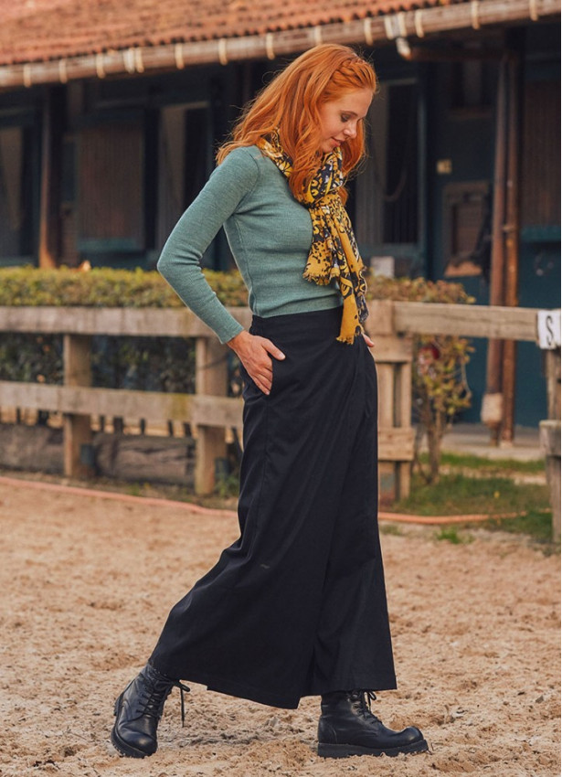 Elastic Waistband Side Pockets Black Culottes