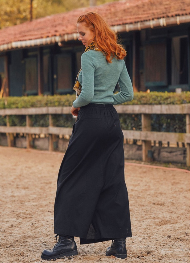 Elastic Waistband Side Pockets Black Culottes