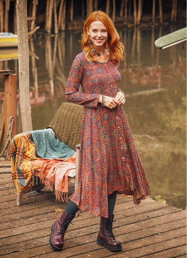 Retro Print Asymmetrical Hem Button Down Long Sleeve Dress