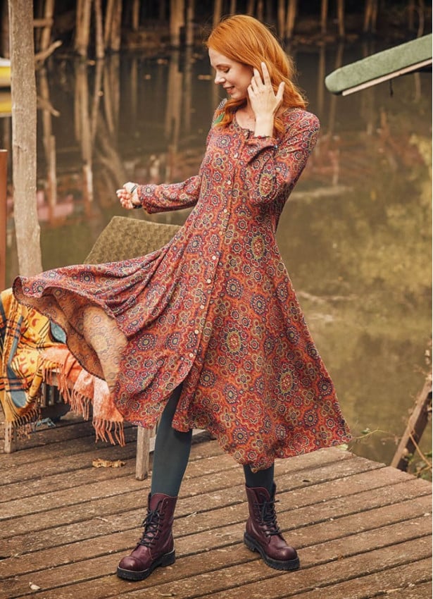 Retro Print Asymmetrical Hem Button Down Long Sleeve Dress