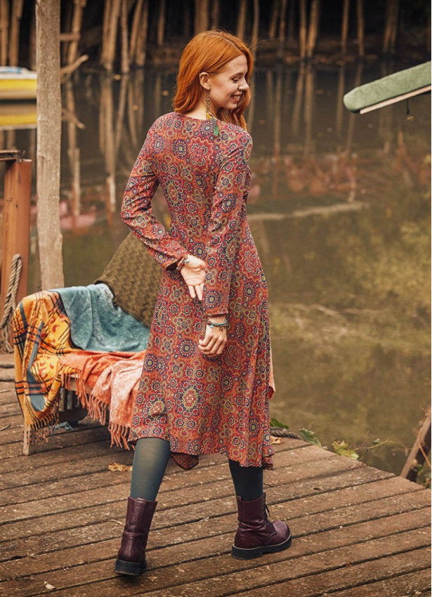 Retro Print Asymmetrical Hem Button Down Long Sleeve Dress