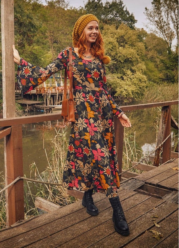 Floral Print Bell Sleeve Long Dress