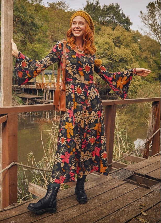 Floral Print Bell Sleeve Long Dress