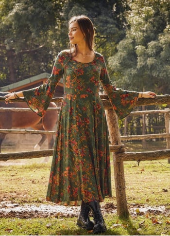 Boat Neck Green Floral Gypsy Style Long Dress