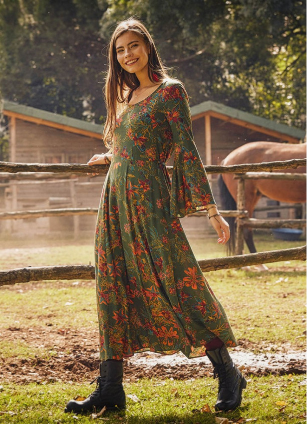 Boat Neck Green Floral Gypsy Style Long Dress