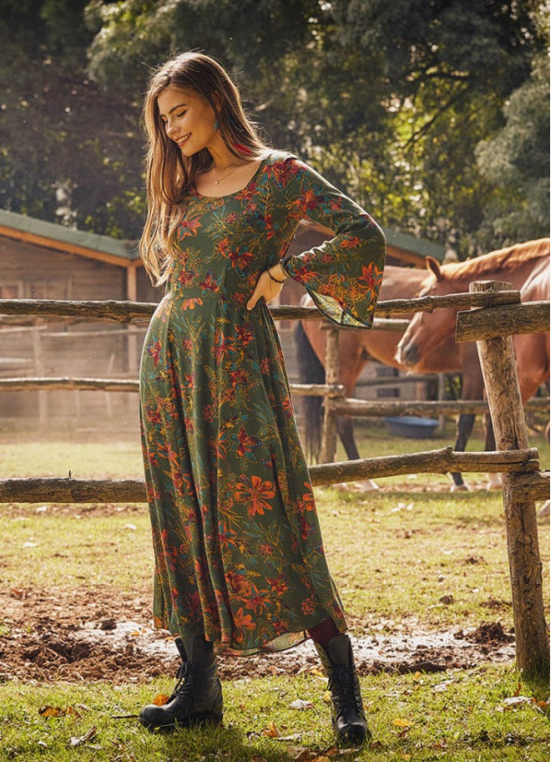 Boat Neck Green Floral Gypsy Style Long Dress