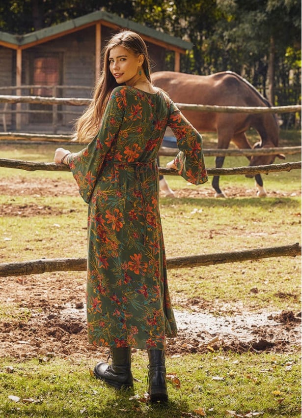 Boat Neck Green Floral Gypsy Style Long Dress