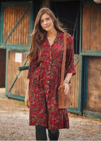Red Patterned Paisley Shirt Dress