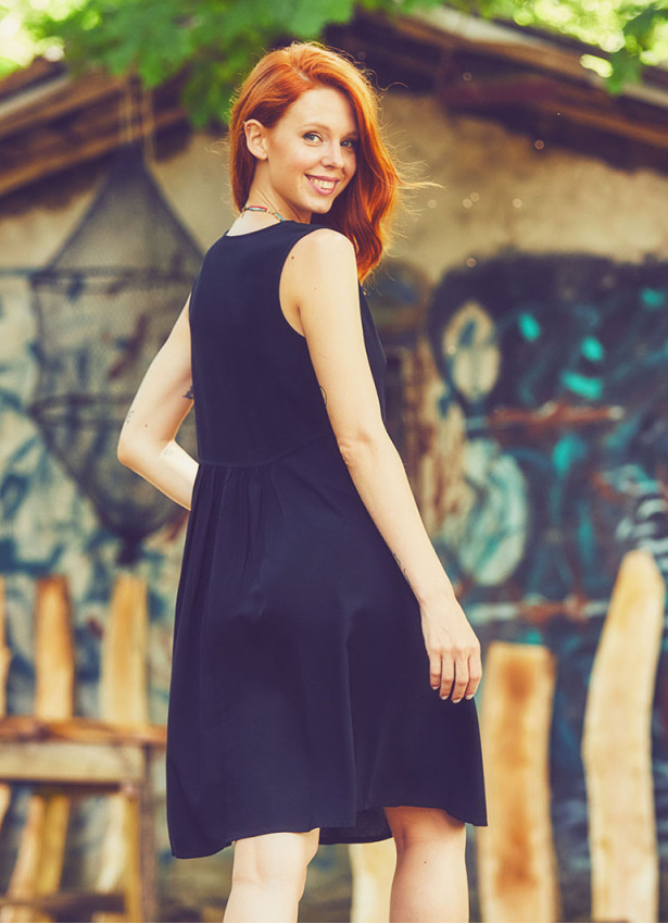 V Neck Button Detailed Sleeveless Summer Black Dress 4577