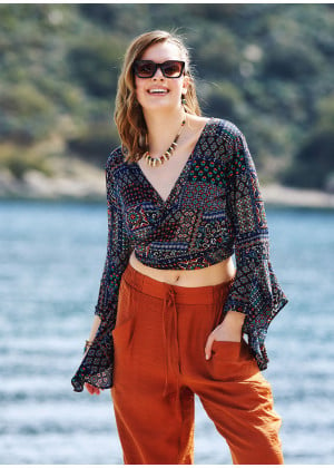 Black Patterned Gypsy Style Bell Sleeve Crop Top