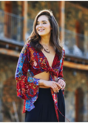 Red Patterned Gypsy Style Bell Sleeve Crop Top
