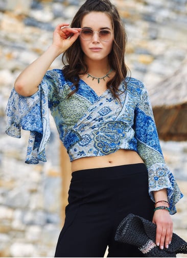 Blue Patterned Gypsy Style Bell Sleeve Crop Top