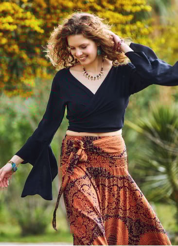 Black Gypsy Style Bell Sleeve Crop Top