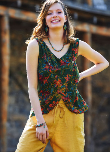 Green Buttoned Navy Blue Blouse Top