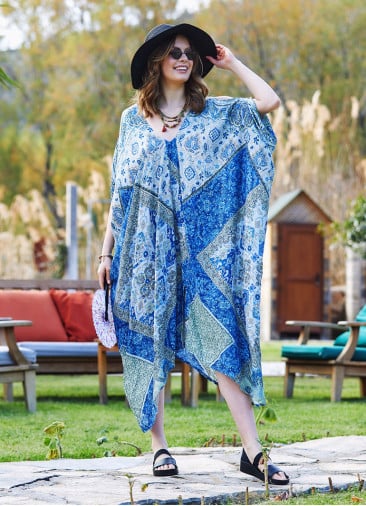 Blue Patterned Low Back Bohemian Summer Dress